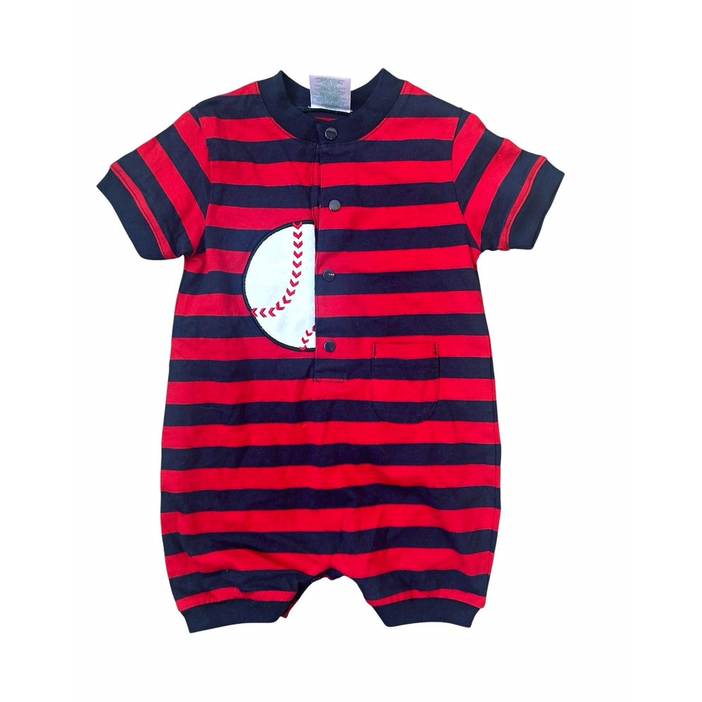 Baby Boy Baseball Appliqué Romper 12 Mos Red Navy Striped Short Sleeve Vintage
